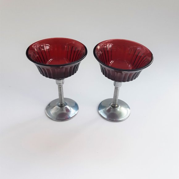 VTG Glass Ruby Red Martini 2 Goblets Chrome Stem Art Deco New Martinsville 1930s - Picture 4 of 10